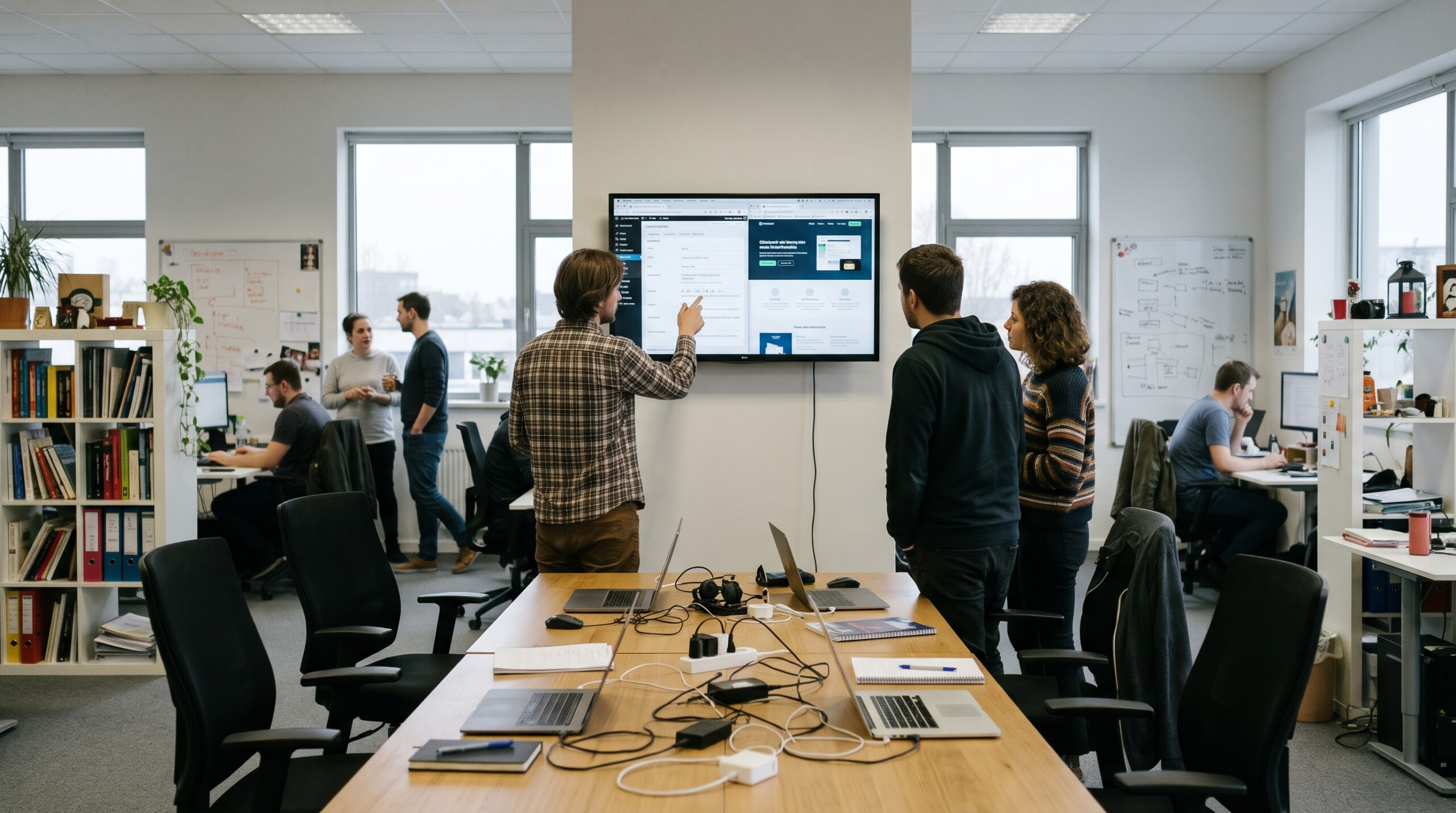 Dans une agence web, trois personnes comparent un back-office et une maquette sur un écran mural et des ordinateurs.